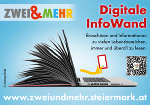 Laptop mit offenem Buch, QR-Code und dem Hinweis auf digitale Informationen.