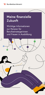 Gezeichnete Frau mit lila Hose, gelben Boots und einen Laptop auf dem Schoß