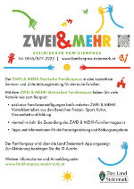 Übersichtsblatt mit den wichtigsten Infos rund den ZWEI & MEHR-Steirischen Familienpass, alle Informationen sind auch auf dieser Website ersichtlich.