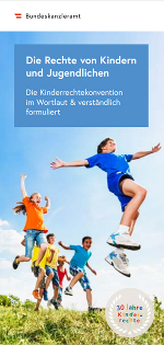 Springende Kinder, grüne Wiese, blauer Himmel, weiße Schrift: Die Rechte von Kindern und Jugendlichen - Kinderrechtekonvention im Wortlaut & verständlich formuliert